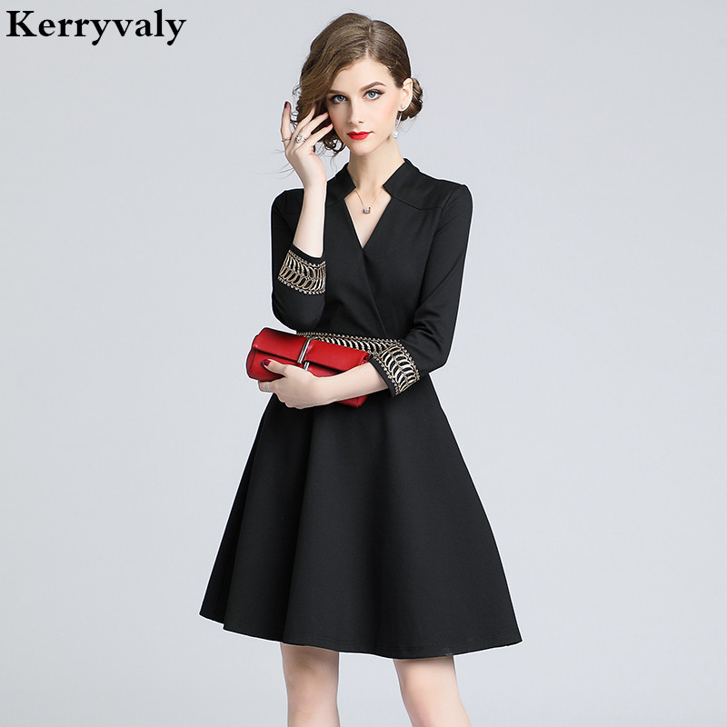 

Autumn Long-sleeved Women Embroidered Dress Vestidos Casuales Mujer 2018 Midi Black Office Dress Lange Jurken K6202