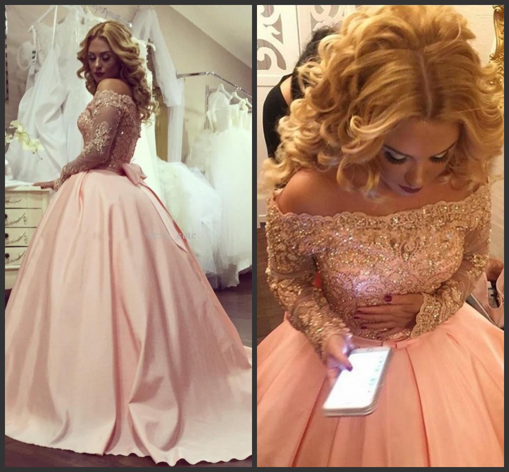 Bateau Neck Long Sleeves Crystal Appliques Satin Blush Pink Sparkly Evening Gowns Formal Dresses Alluring Plus Size Ball Gown Prom Dresses