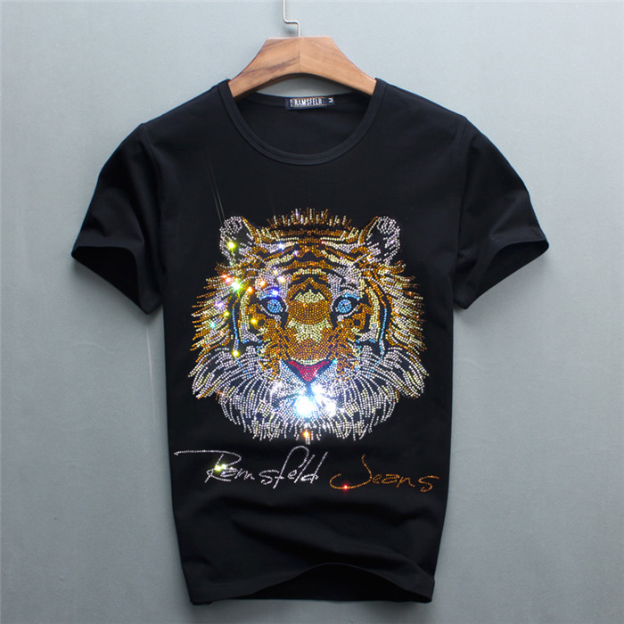 

2021 Diamonds Top Quality Men's Black Color Short T-shirts with Luxury Tiger Letter Diamond Casual Cotton short sleeve T Shirts Brand White o-neck tops