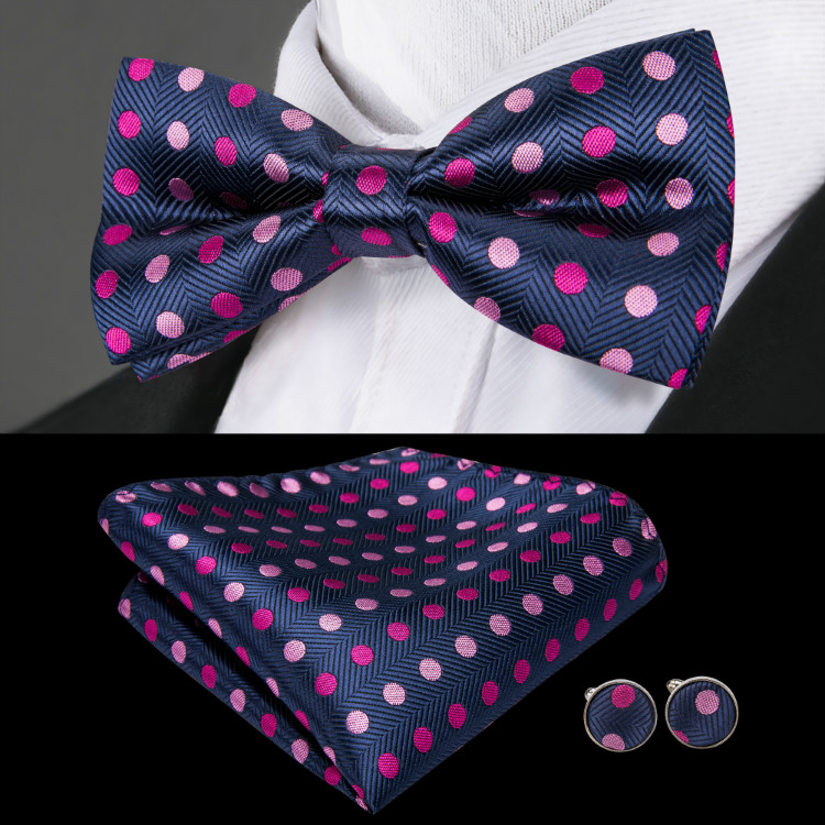 

Dark Blue and Pink Dots Jacquard Woven Silk Bow Tie Handkerchief and cuffs Standard Wholesale Hot Men Accessorieshigh Quality LH-0721