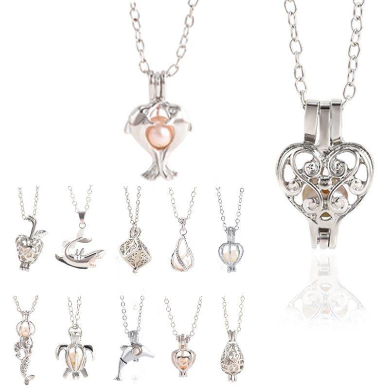 

12 Style Oyster pearl Pendant Necklaces Unicorn Cages Locket Hollow Out Love Wish Pearl Necklace Rose Flower Mermaid DIY jewelry