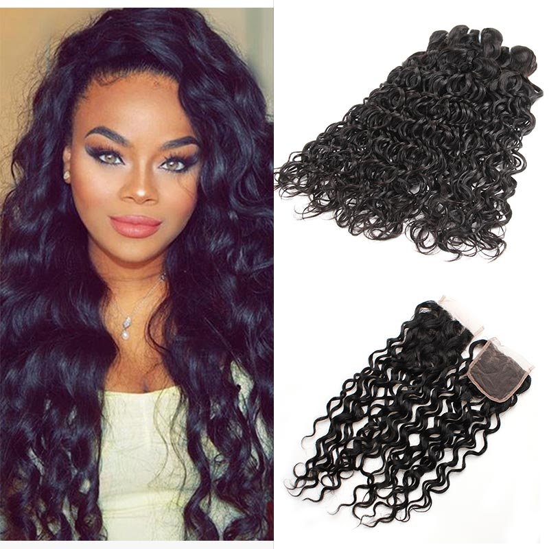 

Brazilian Water Wave 3 Bundles with Closure Unprocessed Virgin Human Hair Weave Weft with Lace Closure Free Middle 3 Part Double Weft, Natural color