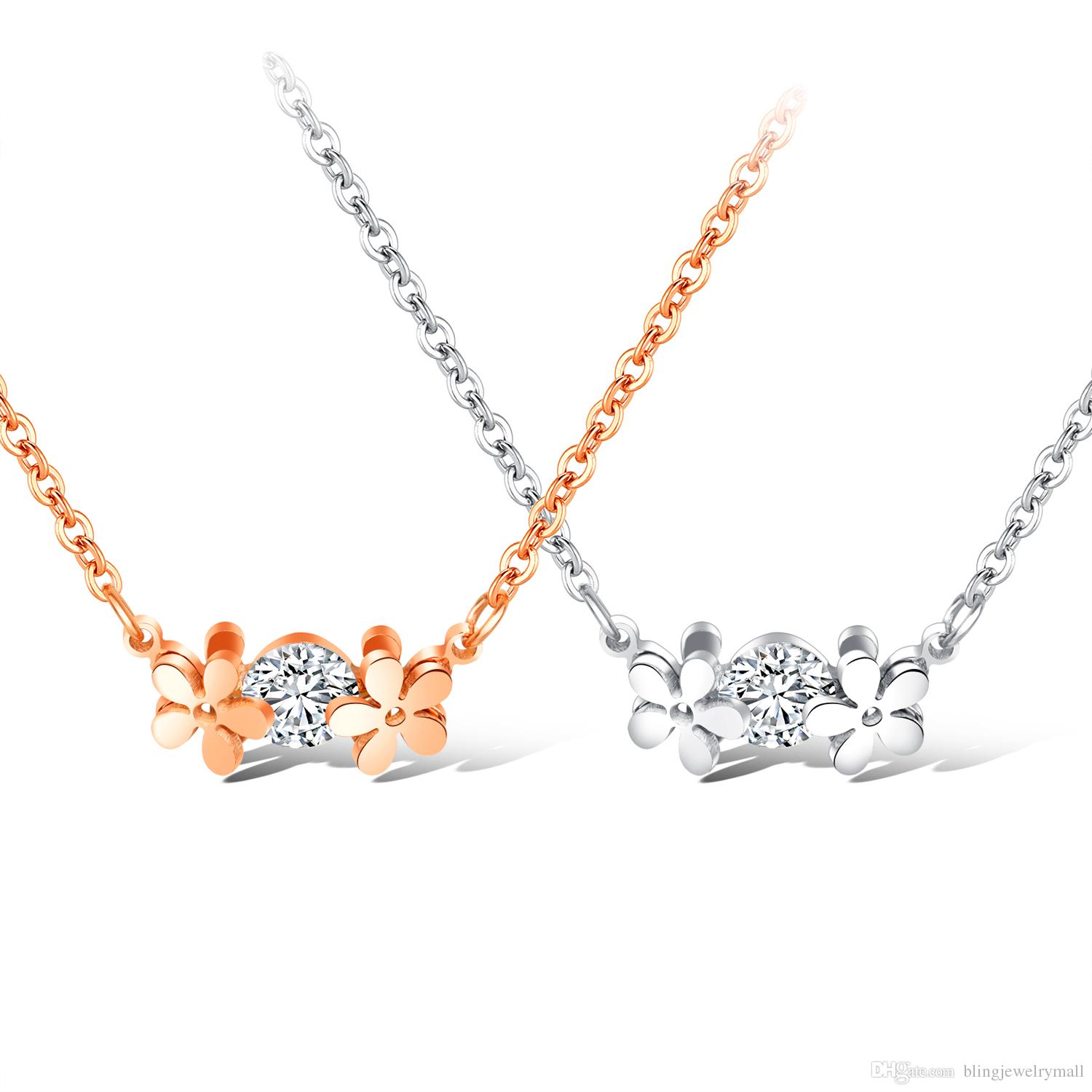 

Fashion Double Flower With Crystal Pendants Necklaces Chain For Women Stainless Steel Rose Gold Female Necklace Jewelry GX1398