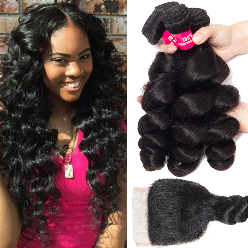 

8A Brazilian Virgin Human Hair Extensions 3Bundles With Lace Closure 100% Brazilian Peruvian Malaysian Indian Mongolian Human Hair Weave, Kinky curly