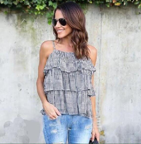 

Women Chiffon Blouse Shirts Casual Strap Adjustable Length Plaid Cake Summer Loose European Sleeveless Plus Size - 3XL Fashion Tops, Black