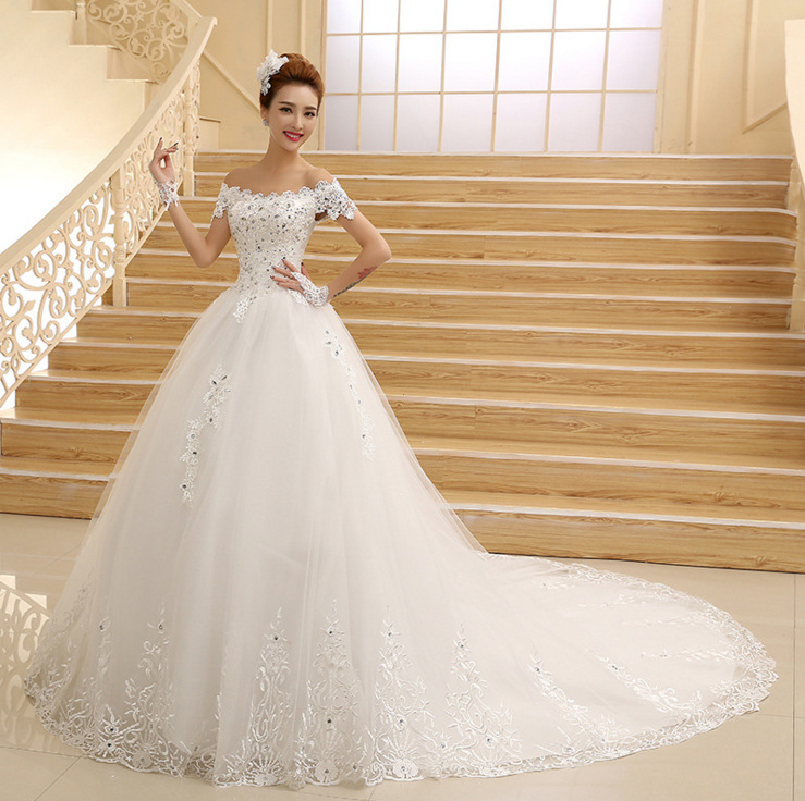 

Vestido De Novia 2018 New Bridal Gown Princess White Lace Beading Crystal Boat Neck Royal Train Cheap Wedding Dresses Plus Size, Ivory