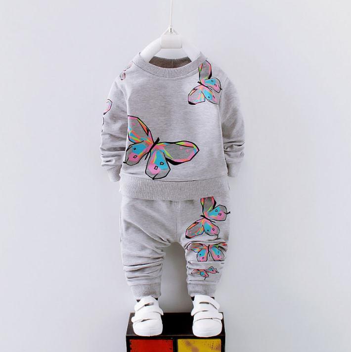 

2pcs Toddler Baby Girls Clothes Infant Children Clothing Shirt Tops+Pants Butterfly Tracksuit Kids Girls Clothing Set, Gray