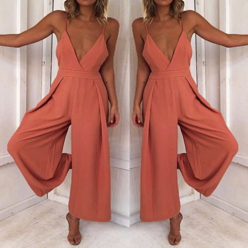 

Newest Summer Pink Jumpsuits Women' Sexy Clubwear Playsuit Strappy V Neck Loose Party Jumpsuit Long Pant Romper Fashion Hot, As pic