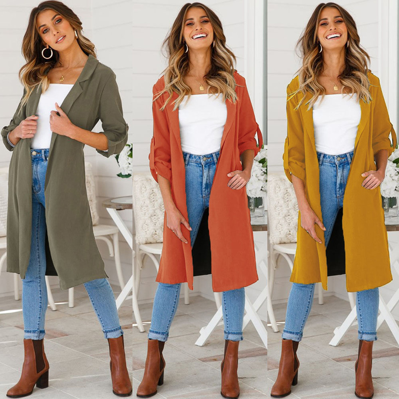 

Women' Lapel Long Sleeve Belt Autumn Cardigans Duster Trench Coat Outwear, Black