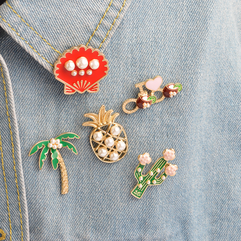 Coconut Tree Pineapple Shell Cactus Cute Small Size Brooches Pins For Women Kawwi Enamel Pearl Broach Imitation Jewelry Lapel 2018 Fashion-image-414597474