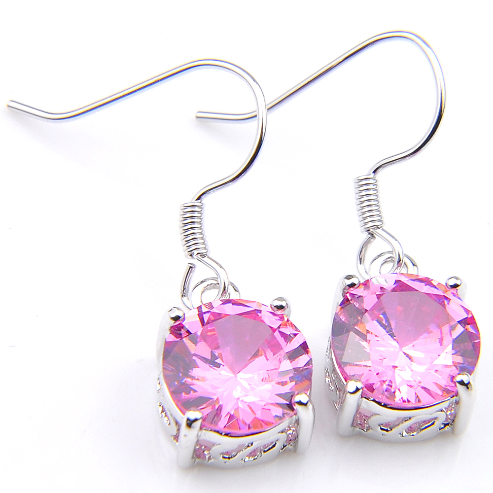 Luckyshine Europe populaire femme ronde rose topaze cubique zircone pierres précieuses argent boucles d'oreilles pendantes pour fête de mariage d