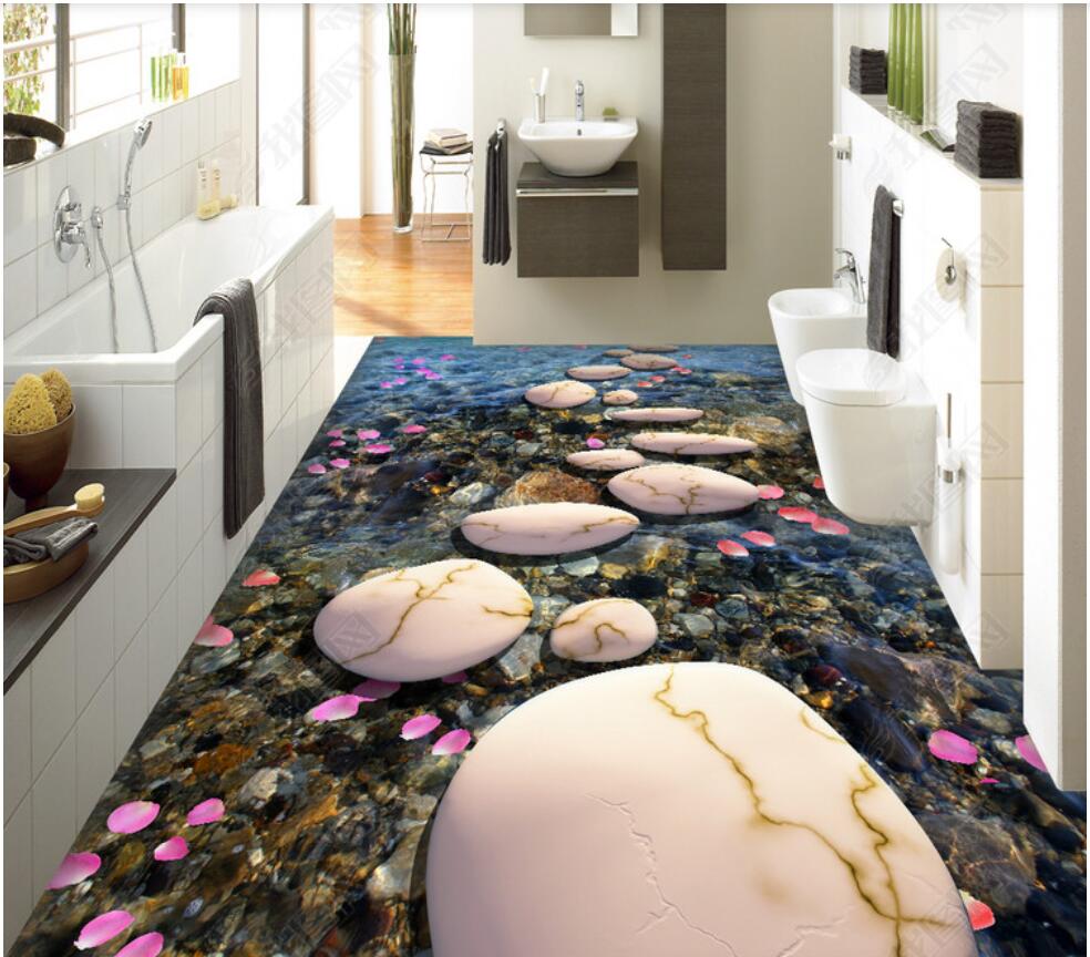 

3d pvc flooring custom photo Waterproof floor wall sticker Stone path cobblestone petals 3D floor three-dimensional murals wallpaper, Sky blue