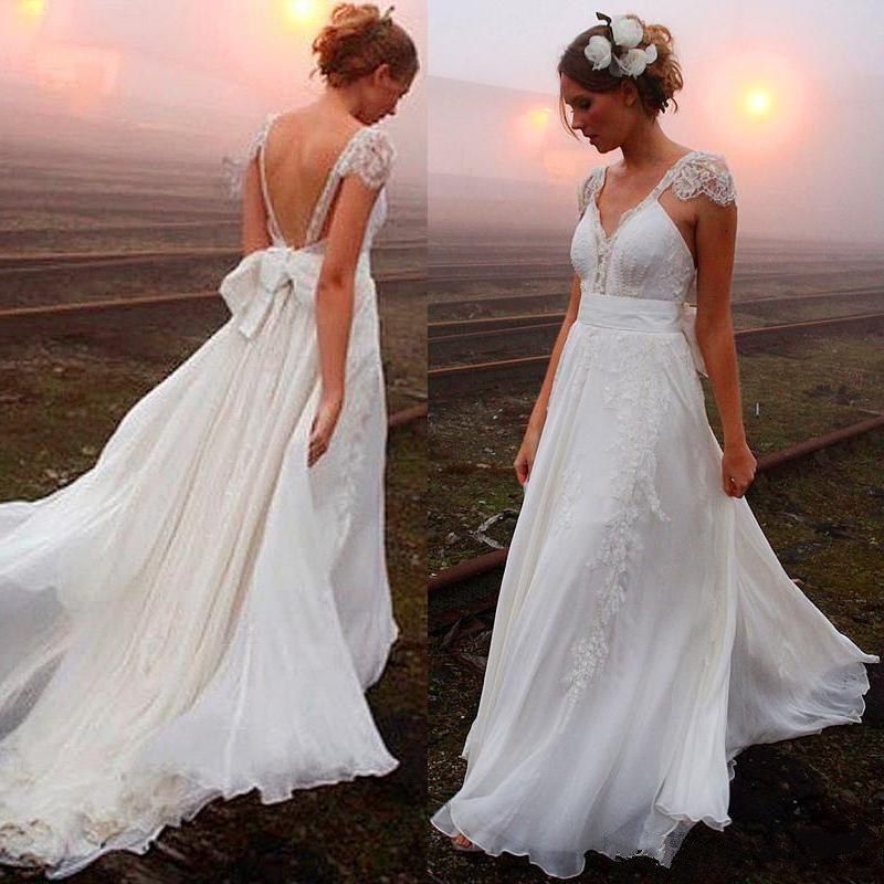 

White Applique Lace Summer Wedding Dresses A Line V Neck Backless Wedding Dress With Bow Sash Custom Made Boho Bridal Gowns