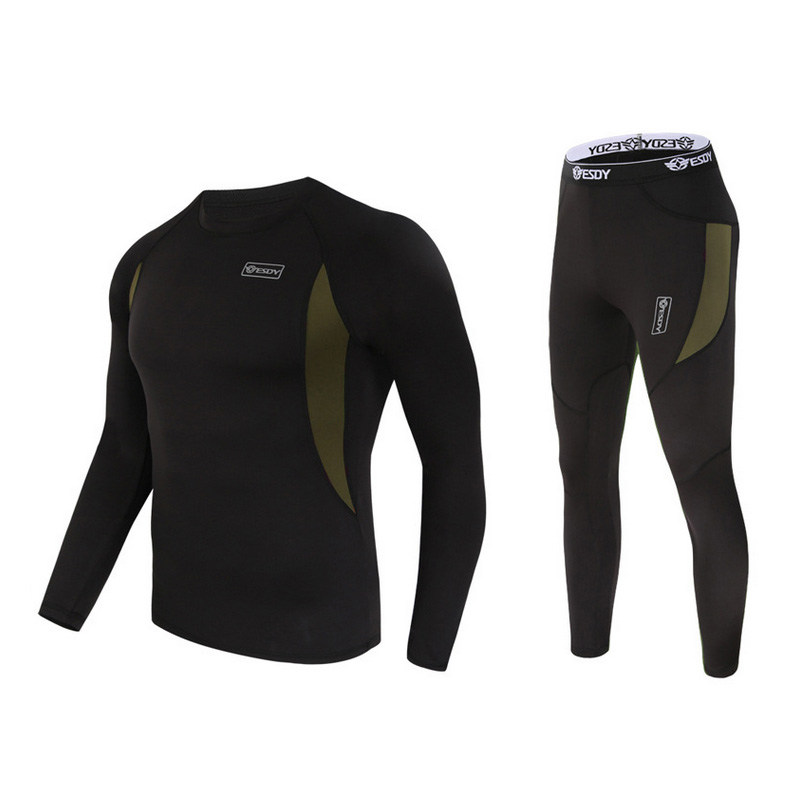 

Hot 2017 Outdoor ESDY Spring Autumn Sport Fleece Thermal Warm Sweat compression Underwear Tactical Hiking T-shirt Set Men, Black