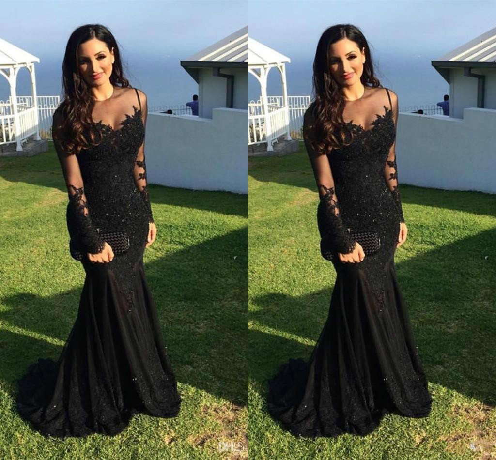 

Elegant Long Mermaid Evening Dresses Sexy Arabic Jewel Neck Illusion Lace Appliques Black Mermaid Long Sleeves Formal Party Dress Prom Gowns, Same as picture