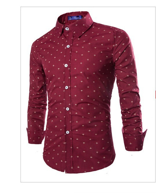 

Men Shirt Long Sleeve New Arrival Summer White Shirt Men Turn-Down Collar Cotton Star Skulls Printed Mens Shirts Camisa, Red