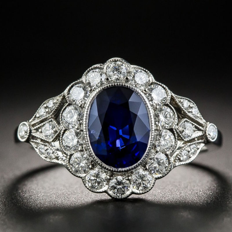 

Retro Court Geometric Oval Blue Zircon Ring for Women Fashion Flower Female Rings Popular Party Jewelry anel feminino