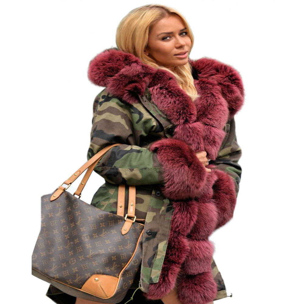Roiii Épaissie Chaud Vin Rouge camouflage Fausse Fourrure Mode Chaude Parka De Luxe Femmes À Capuche Longue Hiver Veste Manteau Manteau Top S1810