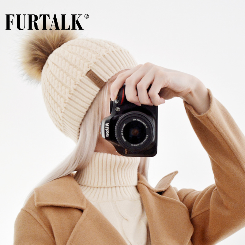 Furtalk Real Fox Fur Hat Big Raccoon Pom Pom Hat Knitted Beanie Caps Spring Autumn Women Winter Hats for Girls D18110102