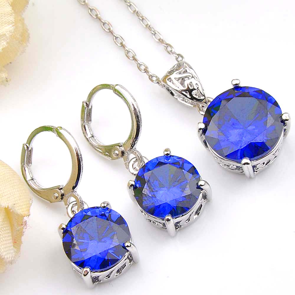 

Antique Dazzling Round Fire Blue Cubic Zirconia Gems 925 Sterling Silver Pendants Necklace Drop Earrings Wedding Engagement Jewelry Sets, Dark blue