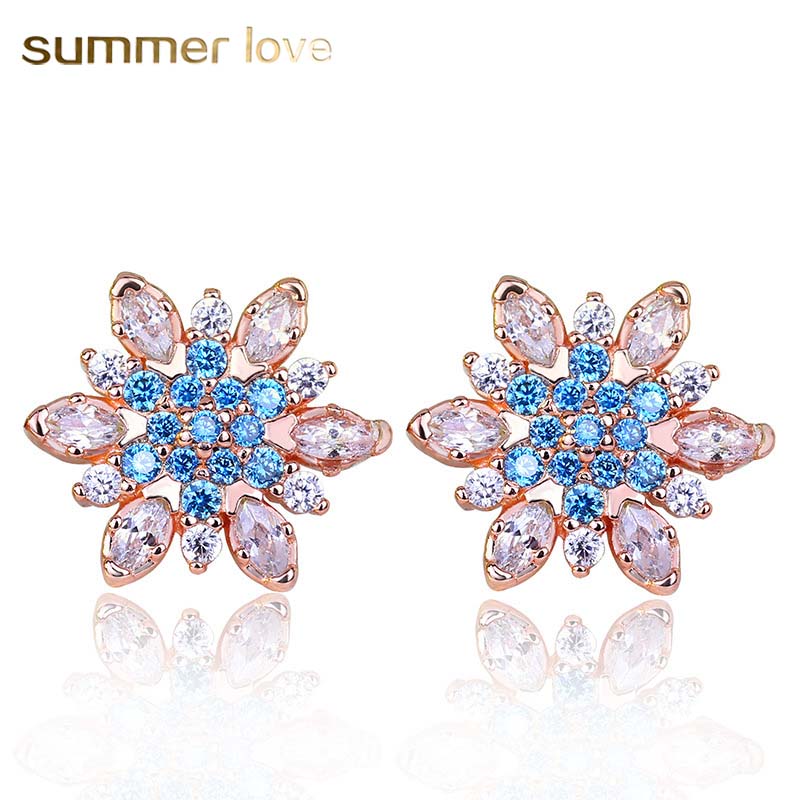 

Rose Gold Silver Color Romantic Snowflake Flower Blue Crystals Clear CZ Stud Earrings for Women Boho Wedding Jewelry Exquisite Lady Gifts