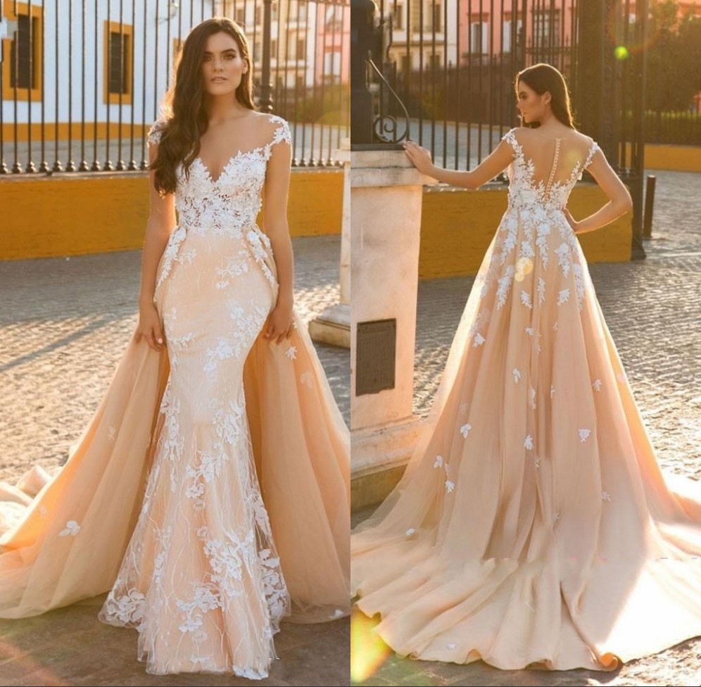 

Detachable Train Mermaid Wedding Dresses Bridal Gowns Vintage Applique Scoop Embroidery Tulle 2 In 1 Customize Made, White