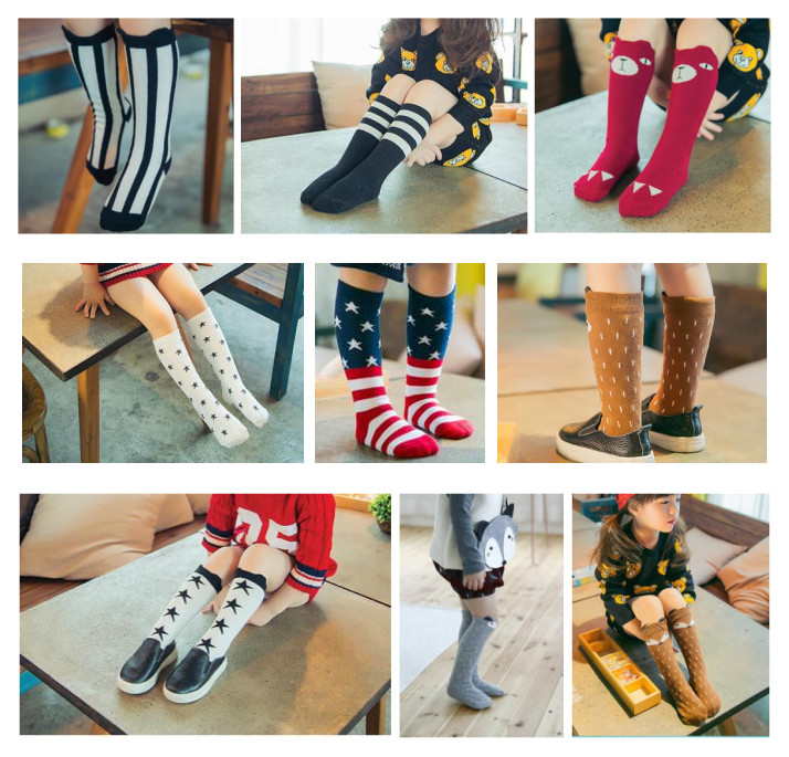 

39 color Unisex Baby Girl Boy cartoon knee high socks cat fox american flag socks Leg Warmers Kids Kawaii Socks in stock, As pic