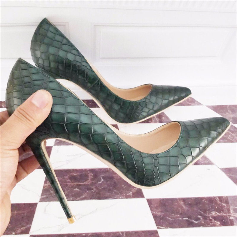 

Free Shipping fashion woman women lady 2019 sole bottom Dark Green python Leather Poined Toes Wedding heels Stiletto High Heels shoes red, 12cm