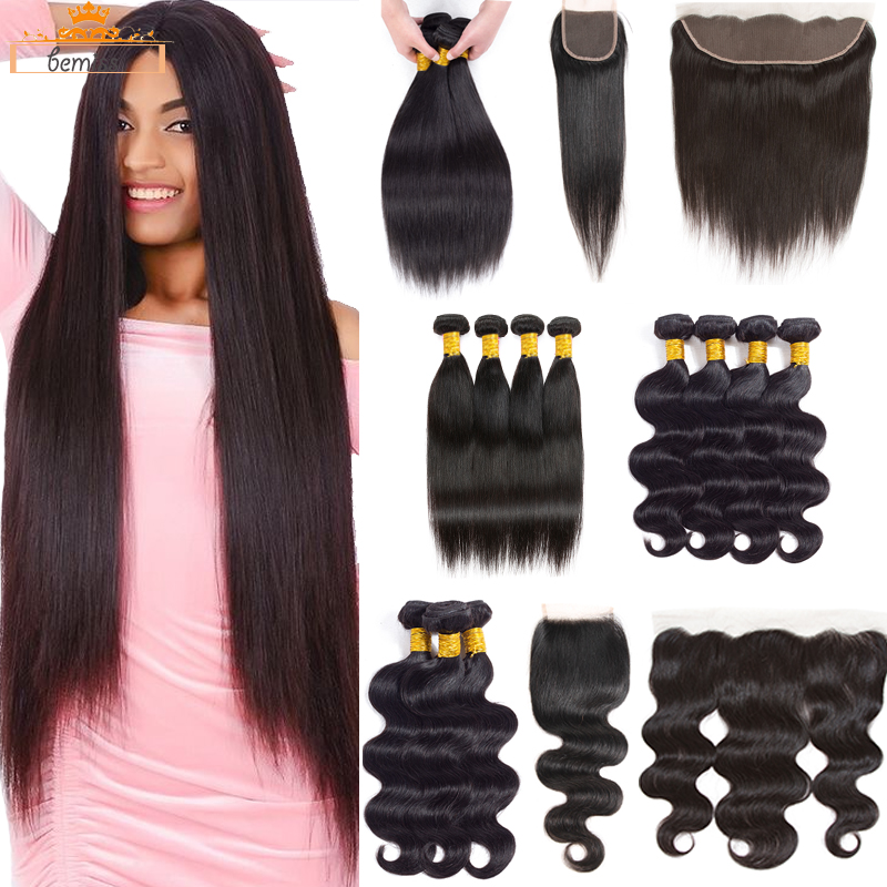 

Unprocessed Brazilian Virgin Hair Bundles with Closure Straight Body Wave Human Hair Bundles Peruvian Malaysian Indian Bundles with Frontal, Bundles with free part closure