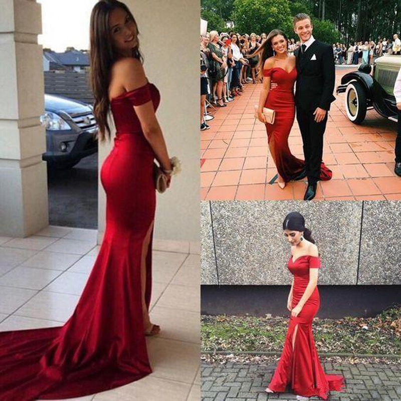 

2018 Cheap Red Mermaid Prom Dress Holiday Drop Sleeve Off The Shoulder Long Formal Party Dresses Slit Satin Red Carpet Dresses Evening Wear, Dark green