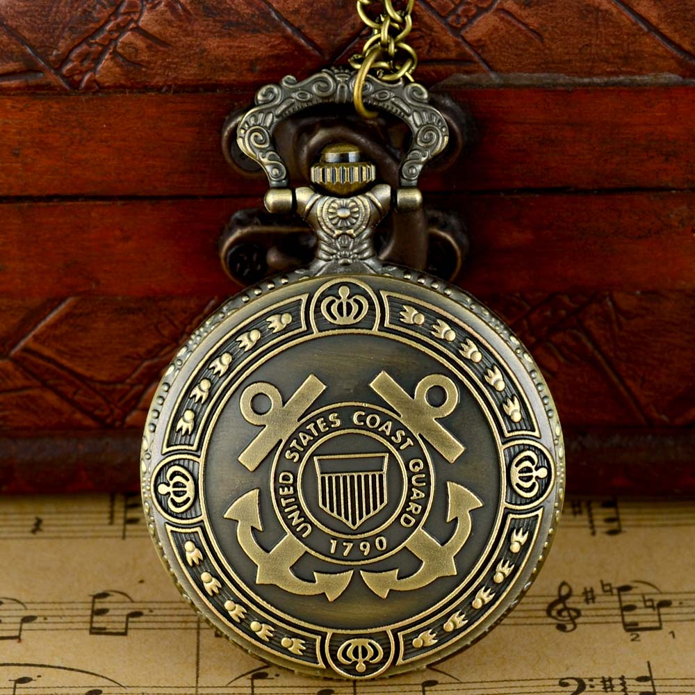 

Vintage Bronze United States Coast Guard Pocket Watch Chains Antique Men Women Pendant Necklace Clock Gift, As pic
