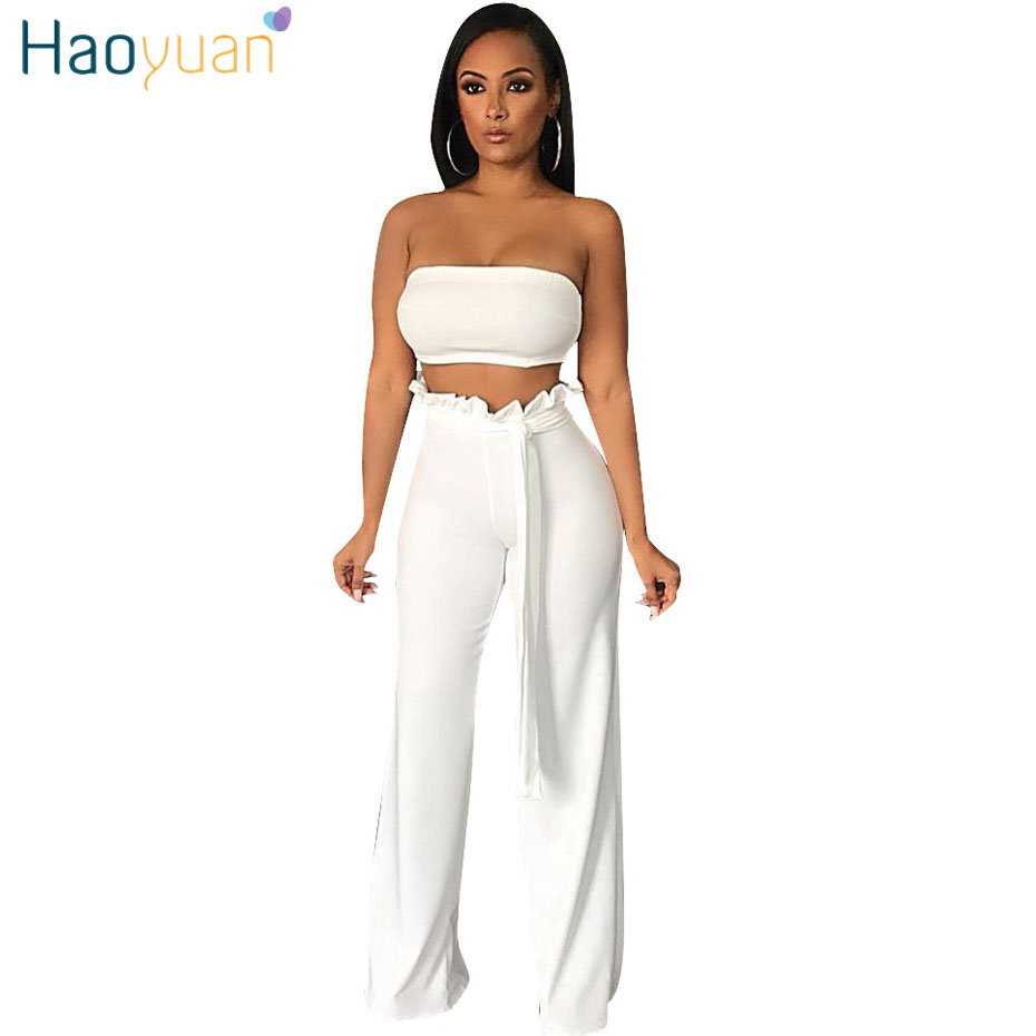 HAOYUAN Deux survêtements Pièce Ensemble Tenues D'été Sexy Off Sholder Sans Bretelles Crop Tops + Pantalon À Jambes Larges Costume 2 Femmes Vêtem