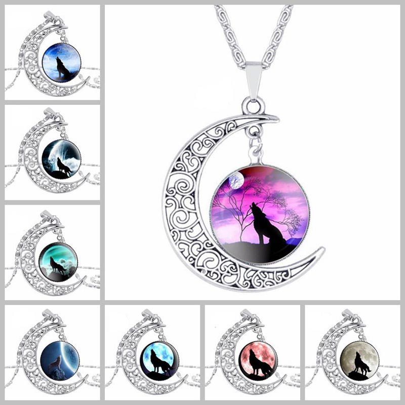 

Totem Wolf Glass Cabochon Moon Time Gemstone Necklace Chains Silver Animal Models Fashion Jewelry For Women Gifts DROP SHIP