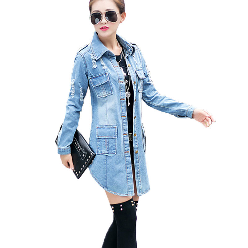 bomber Basic Women Denim Jacket 2018 spring autumn new Long Section lapel Hole Retro wear Jeans Jacket Female coat Mujer LJ243 S18101201