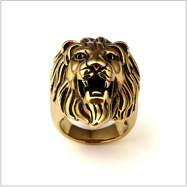 

Men Stainless steel Ring Hip hop Punk Style Vintage Golden Color Black Oil Lion Head Rings Jewelry Size 7-15