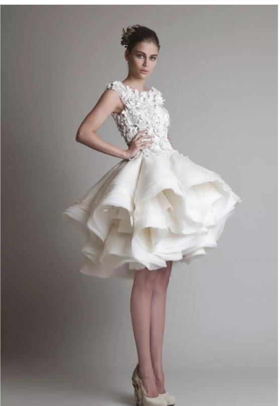 

Krikor Jabotian Arabic Short Lace Wedding Dresses 2018 Ivory Bateau Cap Sleeves 3D Flowers Backless Knee Length A line Organza Bridal Gowns, White