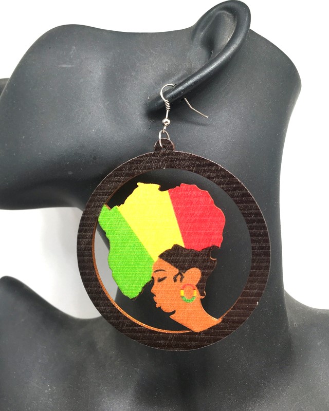 

printing African Hair woman Wooden Earrings, Golden
