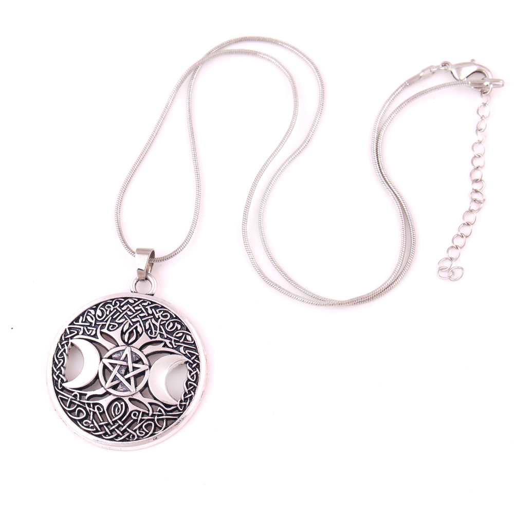 

Triple Moon Goddess Wicca Pentagram Magic Amulet Necklace Women Tree Moon Necklaces Pendants Vintage Jewelry, Silver