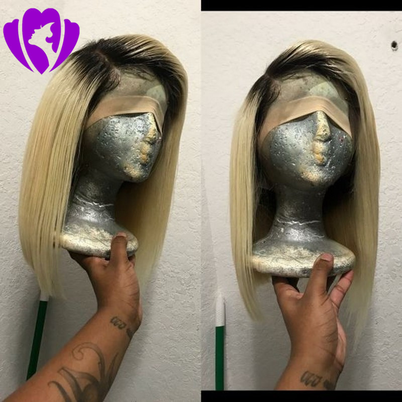 

Stock silk straight1B ombre blonde Lace Front synthetic Wigs heat resistant hair Short hair bob wig Wig for Women, Natural color