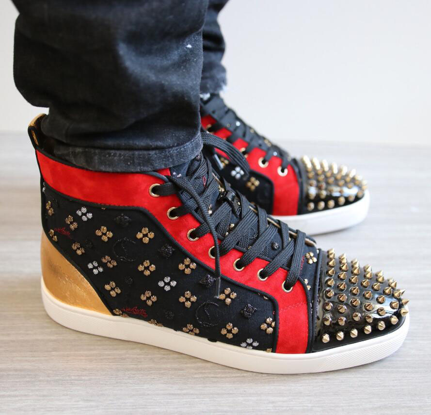 

[Original Box+Receipt+EU35-47]Famous Red Bottom Spikes Orlato Red Bottom Sneakers Embroidery Loubin Studs High Top Studs Skateboarding, Original box;dust bag;card