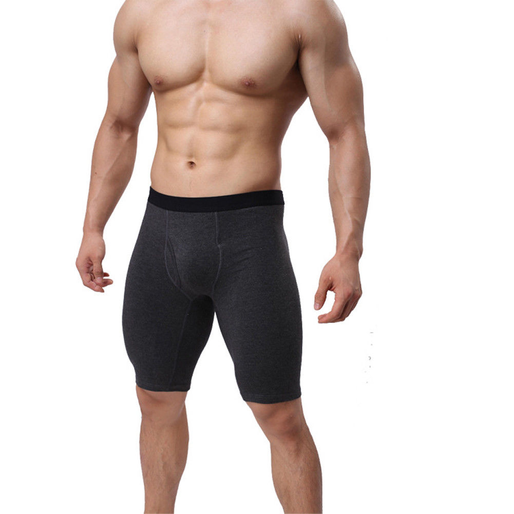 

New Hot Fashion Men Underwear Cotton Boxers Shorts Mid-Waist Convex Pouch Long Leg Pants, Gray