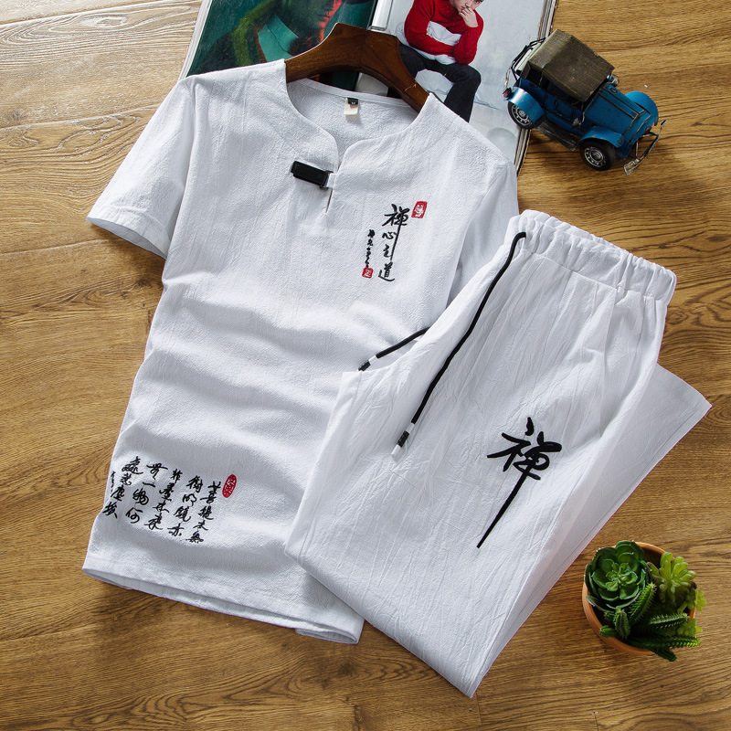 

P Plus Size M-6XL Summer New Men Cotton Linen Short Sleeve Shirt&Pant Chinese Style Clothing Casual Loose V-neck Garment, Khaki