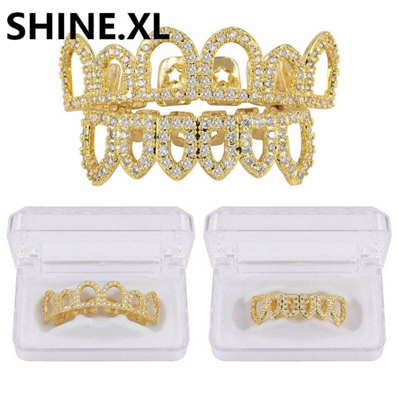 

Hip Hop Hollow Teeth Grills Caps Micro Pave CZ Stone Six 6 Open Top & Bottom Men Women Tooth Grillz Set