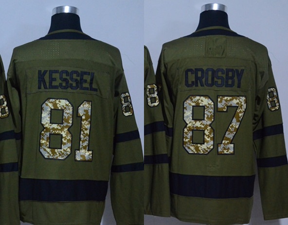 Vente chaude 2017 Nouvelle Marque Hommes 81 Phil Kessel 87 Sidney Crosby Meilleure Qualité Vert Salut au Service de Hockey Sur Glace