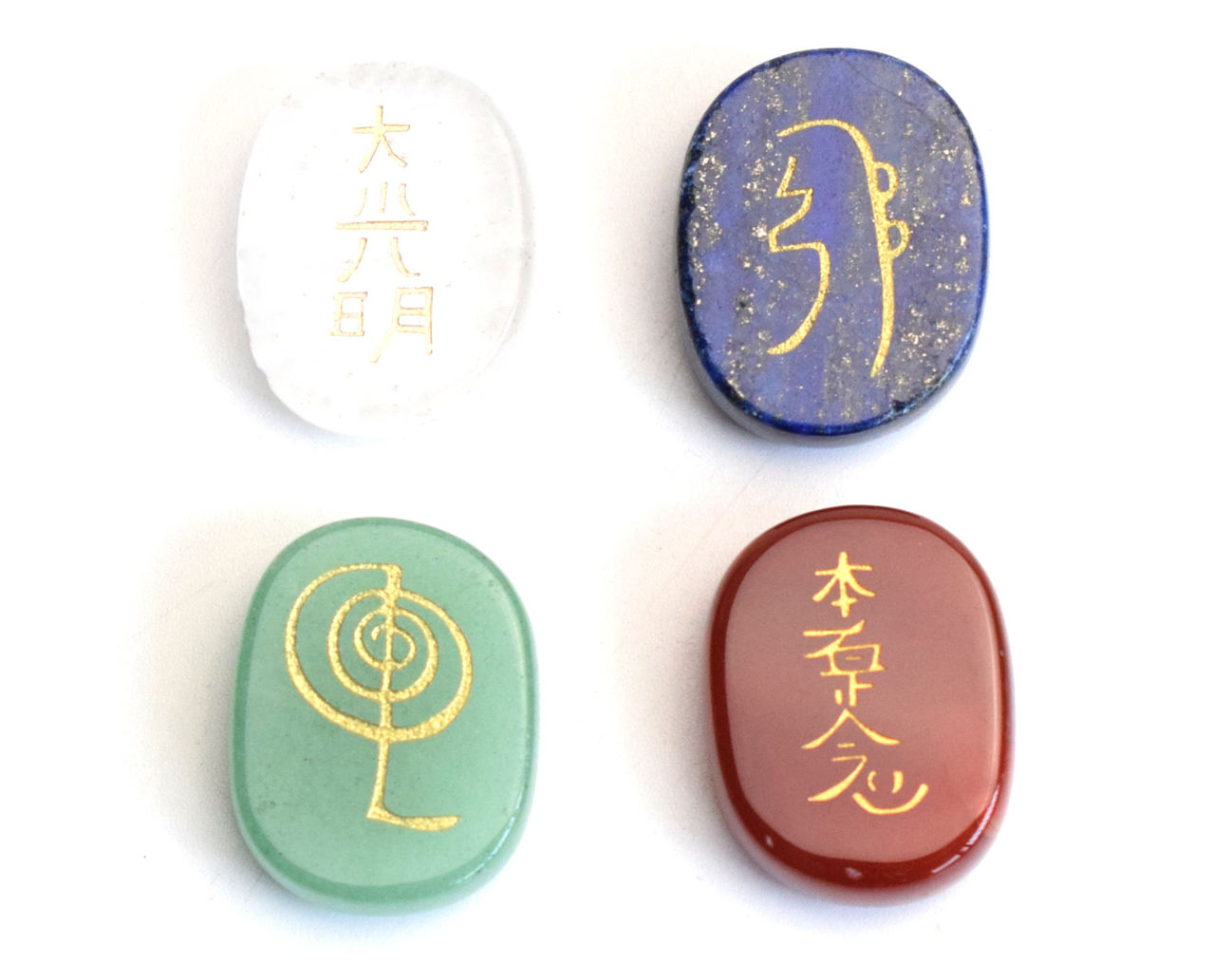 

Set of 4 Small Size Chakra Healing Crystal Engraved Reiki Symbols 1 INCHES Palm Stones with a Free Pouch