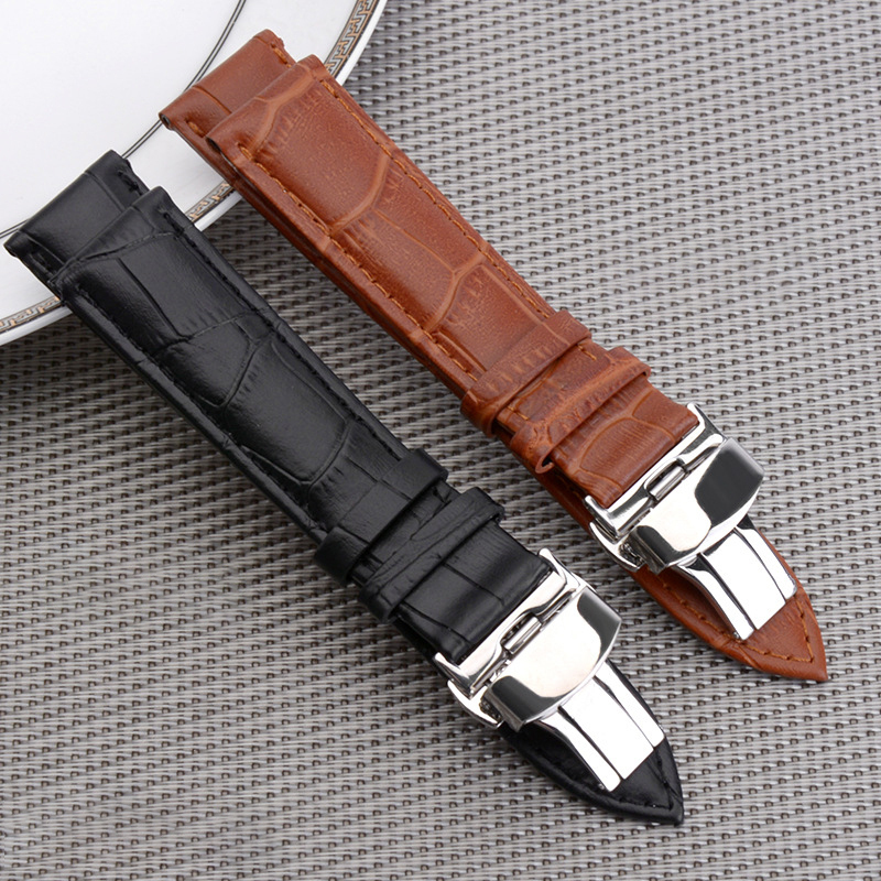 

fashion slub embossed Watch Band Strap Push Button Hidden Clasp Double press butterfly buckle Leather black Brown Steel 12mm~24mm
