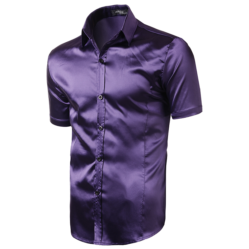 

2017 New mens brand Fashion Imitate Real Silk Light Man Short Sleeve slim fit masculina casual chemise camisa dress shirts, Wine red