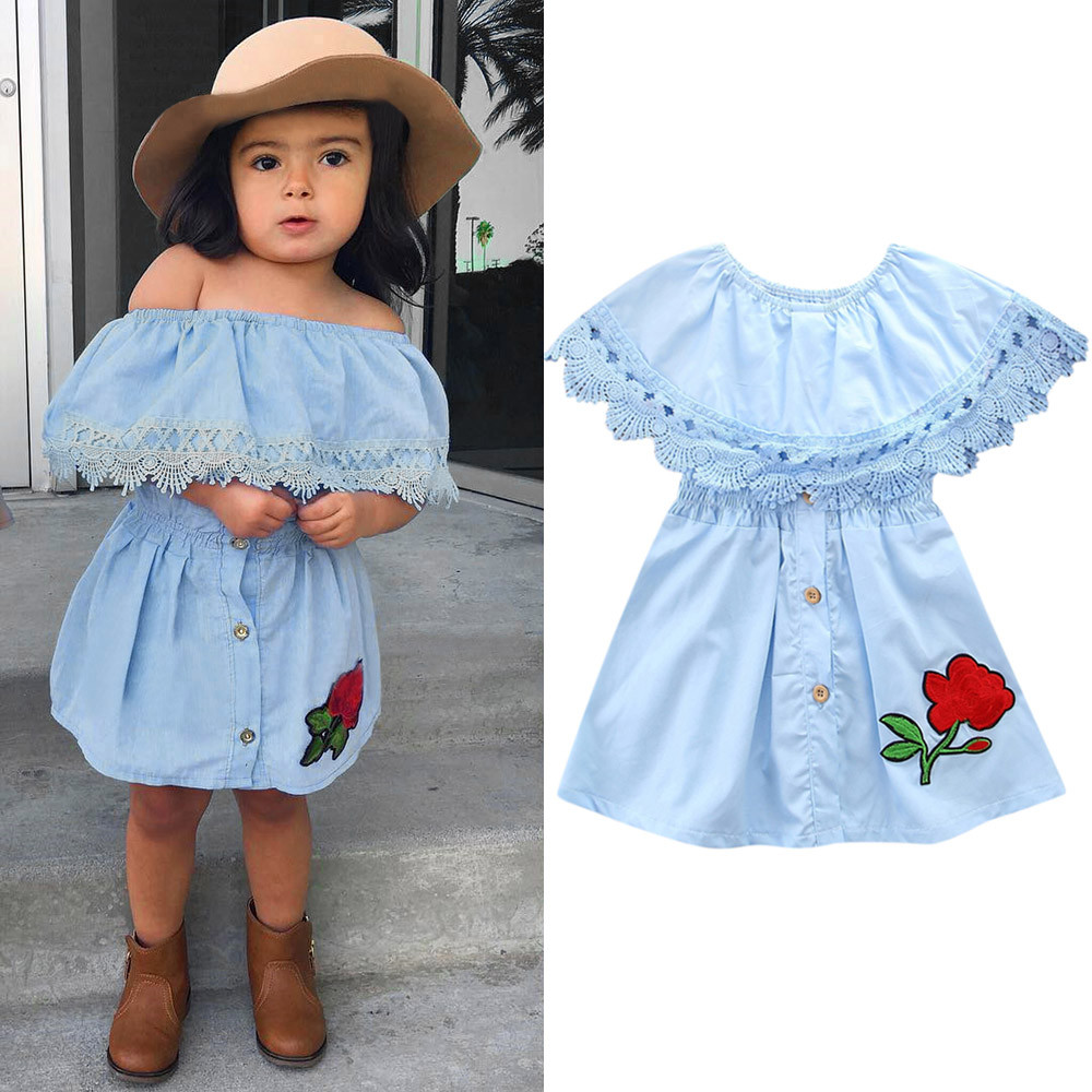

Infant Baby Summer Dress Kids Girl Toddler Princess Lace Denim Off-Shoudler Cotton Party Clothes Outfits 1-5 Year Old 2018, Wathet blue