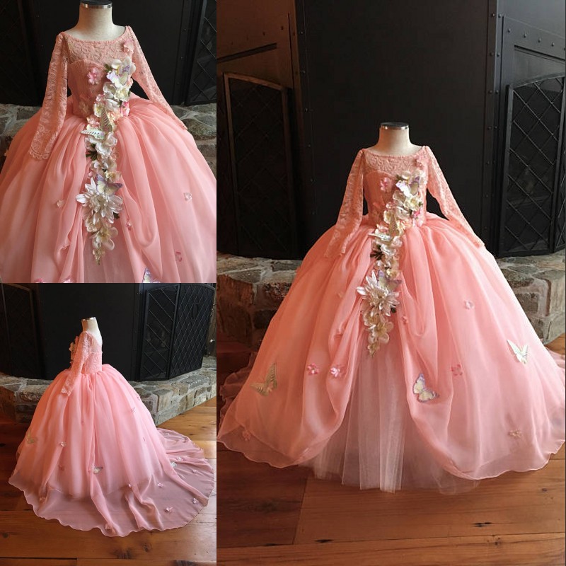 

Chiffon Fluffly Flower Girls Dresses Lace Long Sleeve Butterfly Appliques Girls Pageant Dress Fashion Handmade Flower Toddler Birthday Dress, Green