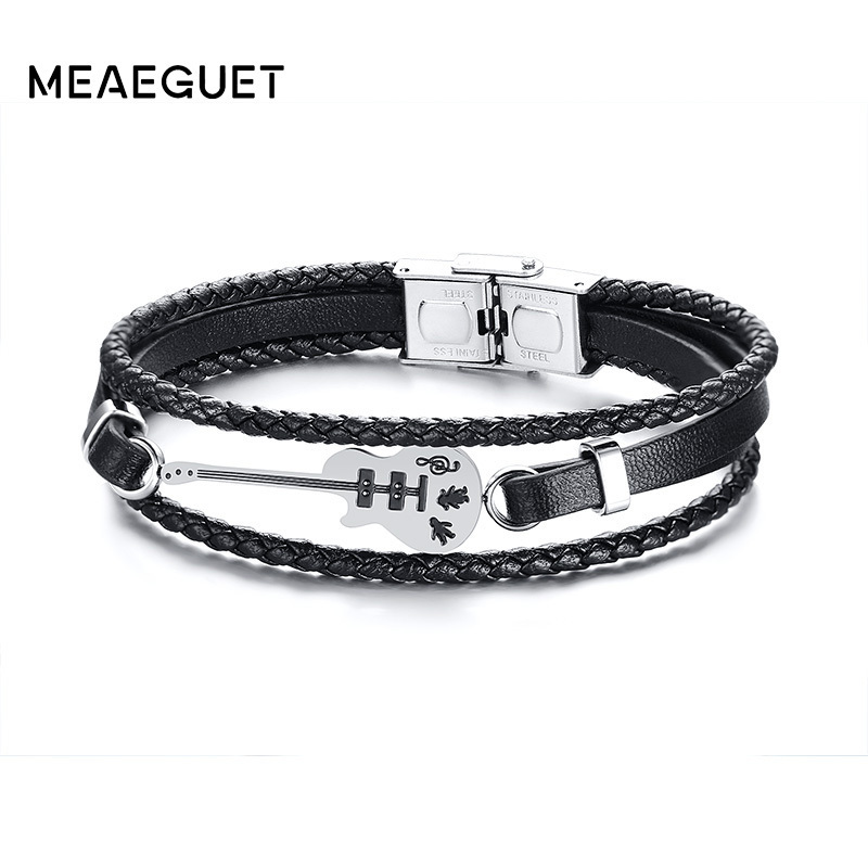 Musical en acier inoxydable Gita Men Bracelets en cuir tressés